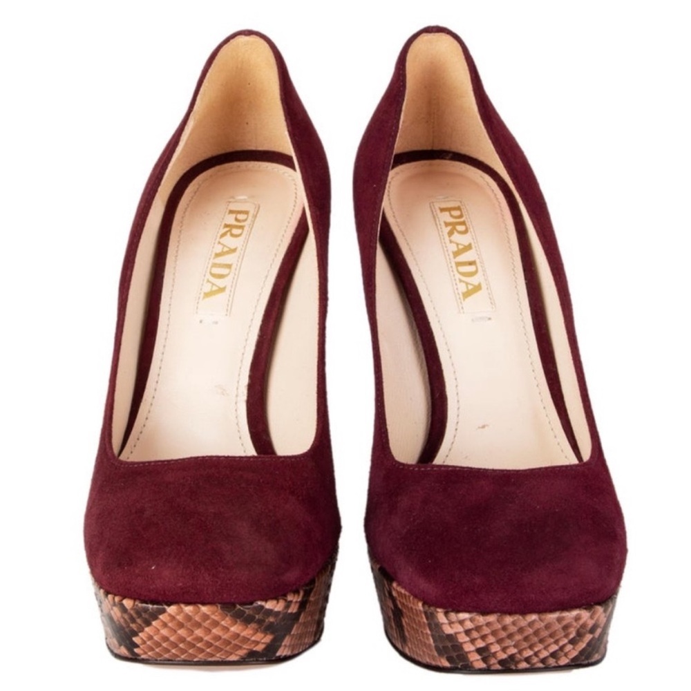 Prada Maroon Suede Heels with Snakeskin Pattern - Picture 4 of 11